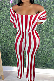 Black Stripe Print Flounce A Word Shoulder Casual Wide Leg Jumpsuits ZNN9102-2