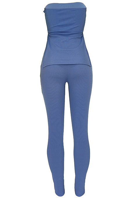 Blue Women Pure Color Strapless Blouse Split Pants Sets BYQ1002