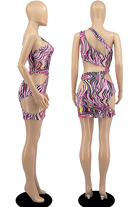 Black Night Club Printing Sleeveless Oblique Shoulder Hollow Out Mini Dress DR8101-1