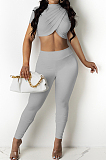 White Personality Pure Color Short Sleeve Rond Neck Crop Top Bodycon Pants Two-Piece DR8093-1