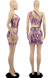 Blue Night Club Printing Sleeveless Oblique Shoulder Hollow Out Mini Dress DR8101-3