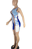 Light Blue Women Trendy Sexy Color Block Spliced Hollow Out Bandage Mini Dress LYY9298