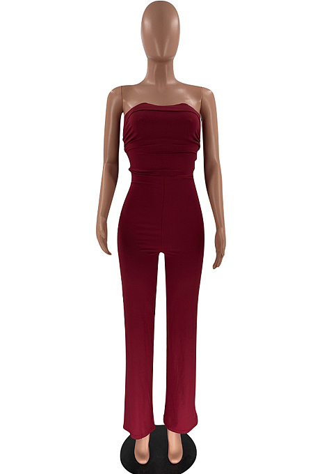 Wine Red Sexy Tight Strapless Collcet Waist Solid Color Wide Leg Jumpsuits LM88813-2