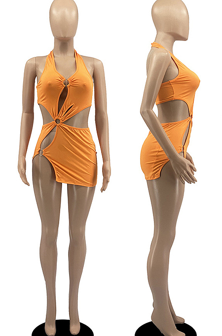 Red New Halter Neck Backless Hollow Out Solid Color Slim Fitting Mini Dress DR8104-2