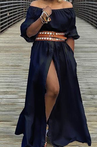 Black Summer A Word Shoulder Half Sleeve Solid Color Slit Long Dress L0268-2
