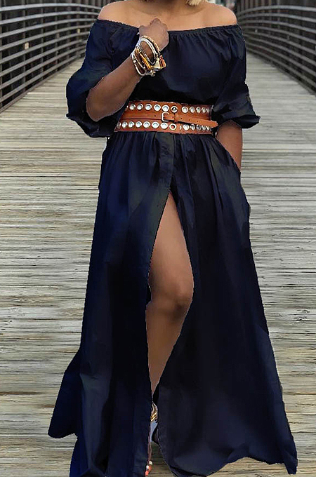 Black Summer A Word Shoulder Half Sleeve Solid Color Slit Long Dress L0268-2