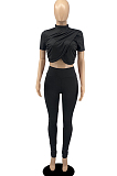 Red Personality Pure Color Short Sleeve Rond Neck Crop Top Bodycon Pants Two-Piece DR8093-2