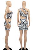 Blue Night Club Printing Sleeveless Oblique Shoulder Hollow Out Mini Dress DR8101-3