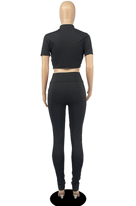 White Personality Pure Color Short Sleeve Rond Neck Crop Top Bodycon Pants Two-Piece DR8093-1