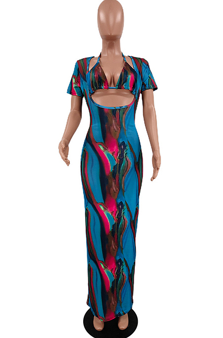 Light Blue Digital Printing Short Sleeve Hollow Out With Underwear Slim Fitting Long Dress NYZ6028-3