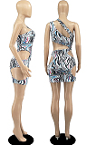Blue Night Club Printing Sleeveless Oblique Shoulder Hollow Out Mini Dress DR8101-3