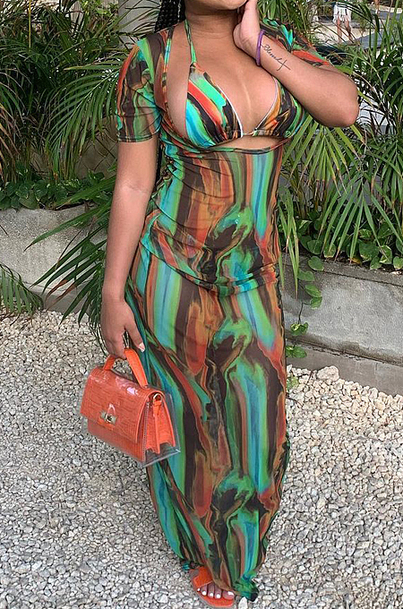 Light Brown Digital Printing Short Sleeve Hollow Out With Underwear Slim Fitting Long Dress NYZ6028-1