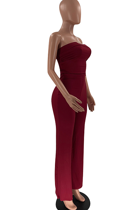 Black Sexy Tight Strapless Collcet Waist Solid Color Wide Leg Jumpsuits LM88813-1