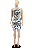 Black Night Club Printing Sleeveless Oblique Shoulder Hollow Out Mini Dress DR8101-1