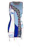 Light Blue Women Trendy Sexy Color Block Spliced Hollow Out Bandage Mini Dress LYY9298