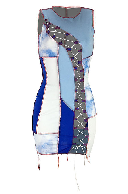 Light Blue Women Trendy Sexy Color Block Spliced Hollow Out Bandage Mini Dress LYY9298