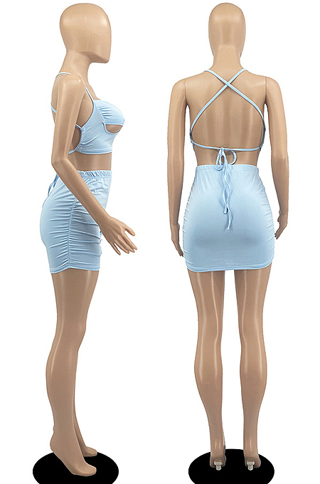 White Sexy Solid Colur Condole Belt Backelss Strapless Hip Mini Skirts Sets DR8102-1