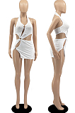 White New Halter Neck Backless Hollow Out Solid Color Slim Fitting Mini Dress DR8104-1