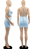 Blue Sexy Solid Colur Condole Belt Backelss Strapless Hip Mini Skirts Sets DR8102-2