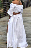 White Summer A Word Shoulder Half Sleeve Solid Color Slit Long Dress L0268-1