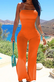 Orange Sexy Tight Strapless Collcet Waist Solid Color Wide Leg Jumpsuits LM88813-3