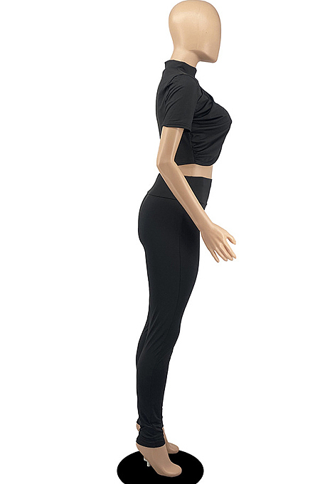 White Personality Pure Color Short Sleeve Rond Neck Crop Top Bodycon Pants Two-Piece DR8093-1