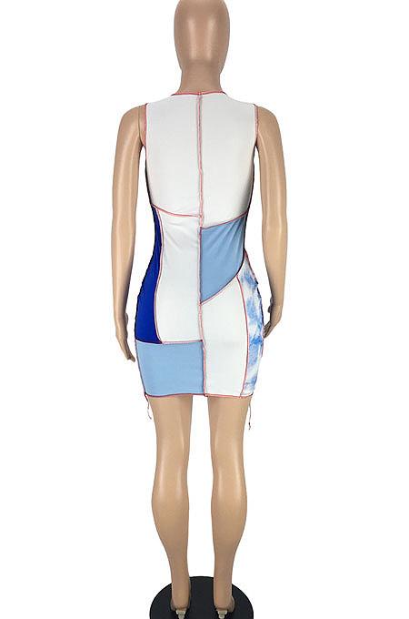 Light Blue Women Trendy Sexy Color Block Spliced Hollow Out Bandage Mini Dress LYY9298