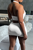 White New Halter Neck Backless Hollow Out Solid Color Slim Fitting Mini Dress DR8104-1