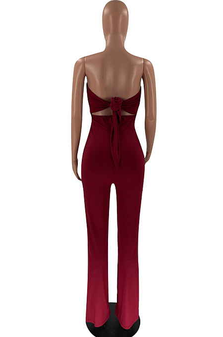 Wine Red Sexy Tight Strapless Collcet Waist Solid Color Wide Leg Jumpsuits LM88813-2