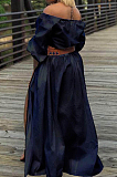 Black Summer A Word Shoulder Half Sleeve Solid Color Slit Long Dress L0268-2