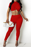 Grey Personality Pure Color Short Sleeve Rond Neck Crop Top Bodycon Pants Two-Piece DR8093-3