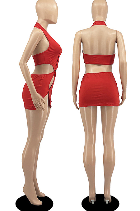 White New Halter Neck Backless Hollow Out Solid Color Slim Fitting Mini Dress DR8104-1