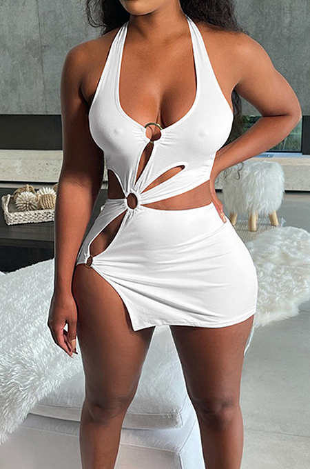 White New Halter Neck Backless Hollow Out Solid Color Slim Fitting Mini Dress DR8104-1