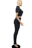 Red Personality Pure Color Short Sleeve Rond Neck Crop Top Bodycon Pants Two-Piece DR8093-2
