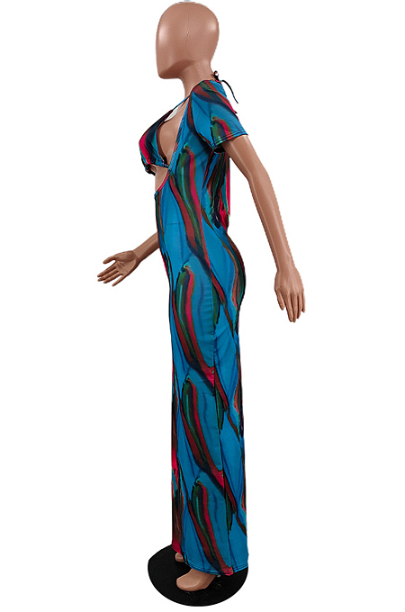 Light Blue Digital Printing Short Sleeve Hollow Out With Underwear Slim Fitting Long Dress NYZ6028-3