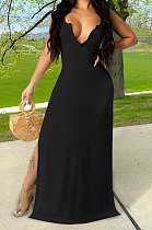 Black Euramerican Women Sexy Zipper Low Bosom Lower Hem Split Long Dress AYQ06002-2
