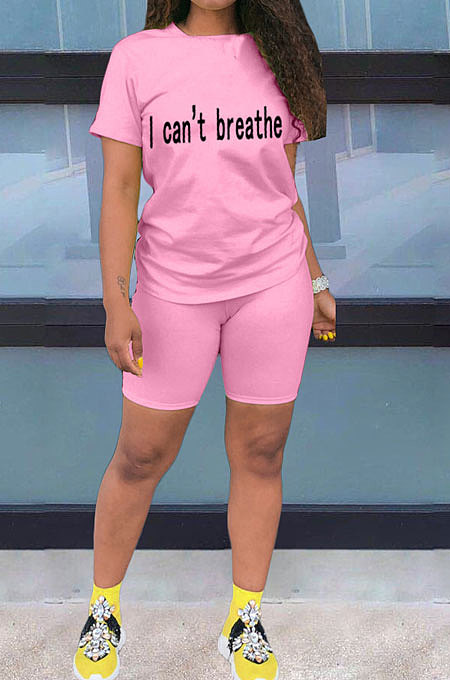 Neon Green Women Pure Color Letters Printing Fashion Short Sleeve Shorts Sets AYQ5136-3