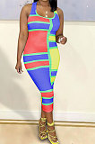Blue Sexy Women Multicolor Spliced Printing Sleeveless Long Dress AYQ06004-3