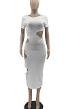 Yellow Women Sexy Sleeveless Hole Sexy Ribber Solid Color Mid Dress AYQ06003-2