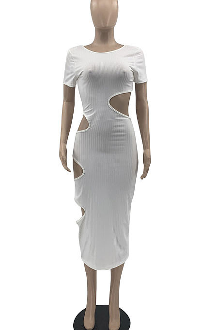 Yellow Women Sexy Sleeveless Hole Sexy Ribber Solid Color Mid Dress AYQ06003-2