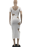 Yellow Women Sexy Sleeveless Hole Sexy Ribber Solid Color Mid Dress AYQ06003-2