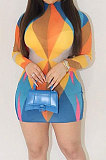 Yellow Fashion Multicolor Long Sleeve Tight Round Neck Mid Waist Mini Dress DLS03274-2