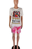 Pink Casual Printing Short Sleeve Shorts Sets AYQ5139-1