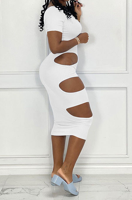 White Women Sexy Sleeveless Hole Sexy Ribber Solid Color Mid Dress AYQ06003-1