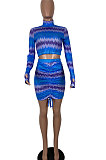 Yellow Women Multicolor Pattern Long Sleeve High Neck Ruffle Skirts Sets MOL112-1