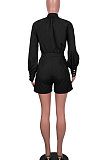 Black Women Fashion Casual Long Sleeve Shirt Solid Color Cargo Pants Romper Shorts GLS10008