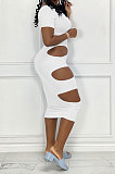 Yellow Women Sexy Sleeveless Hole Sexy Ribber Solid Color Mid Dress AYQ06003-2