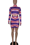 Blue Women Multicolor Pattern Long Sleeve High Neck Ruffle Skirts Sets MOL112-3