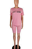 Pink Women Pure Color Letters Printing Fashion Short Sleeve Shorts Sets AYQ5136-1