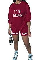 Wine Red Women Long Sleeve Letters Printing Round Neck Casual Shorts Sets AYQ5143-2